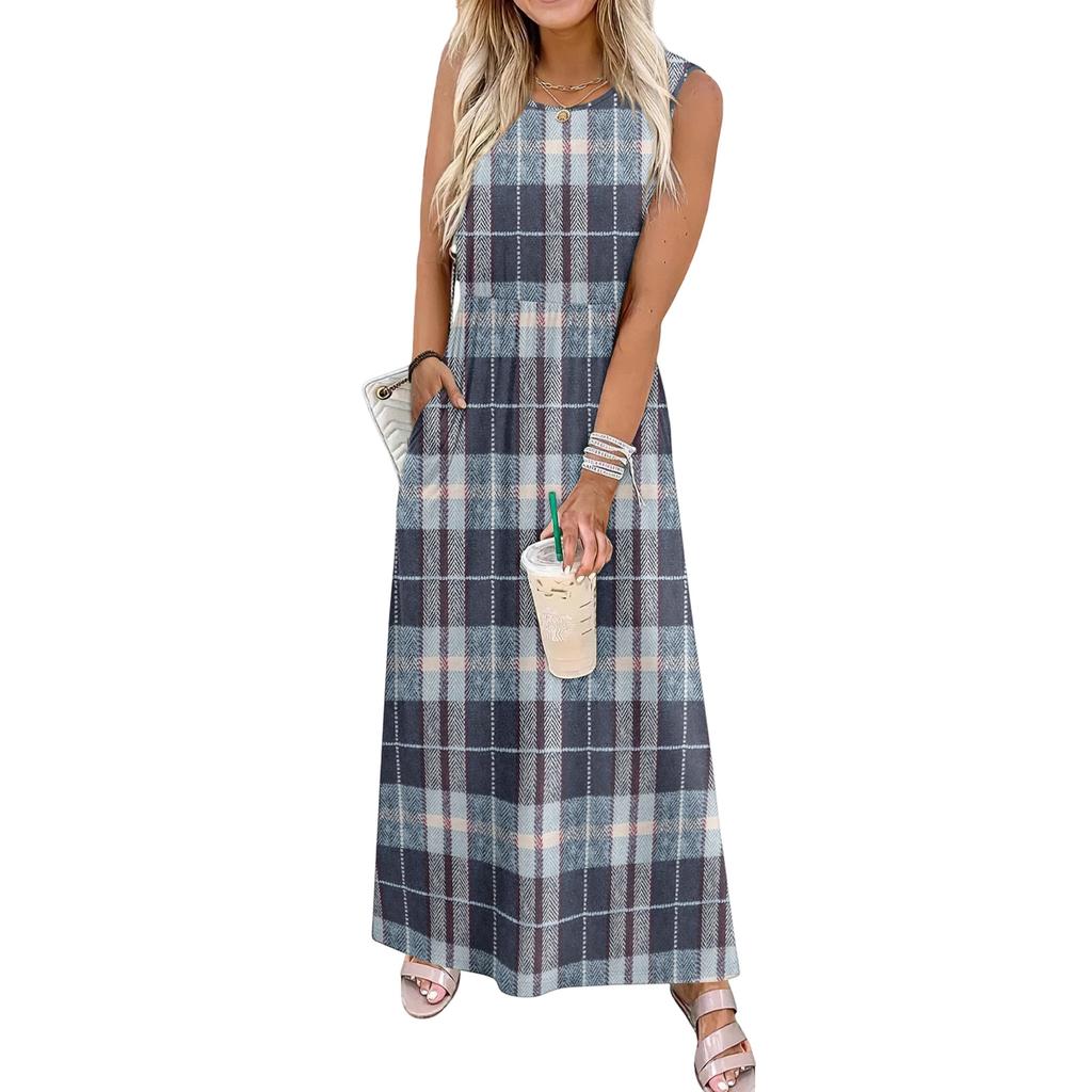Ladies' Plaid Printed Casual and Fashionable Waist Cinched Sleeveless Dress