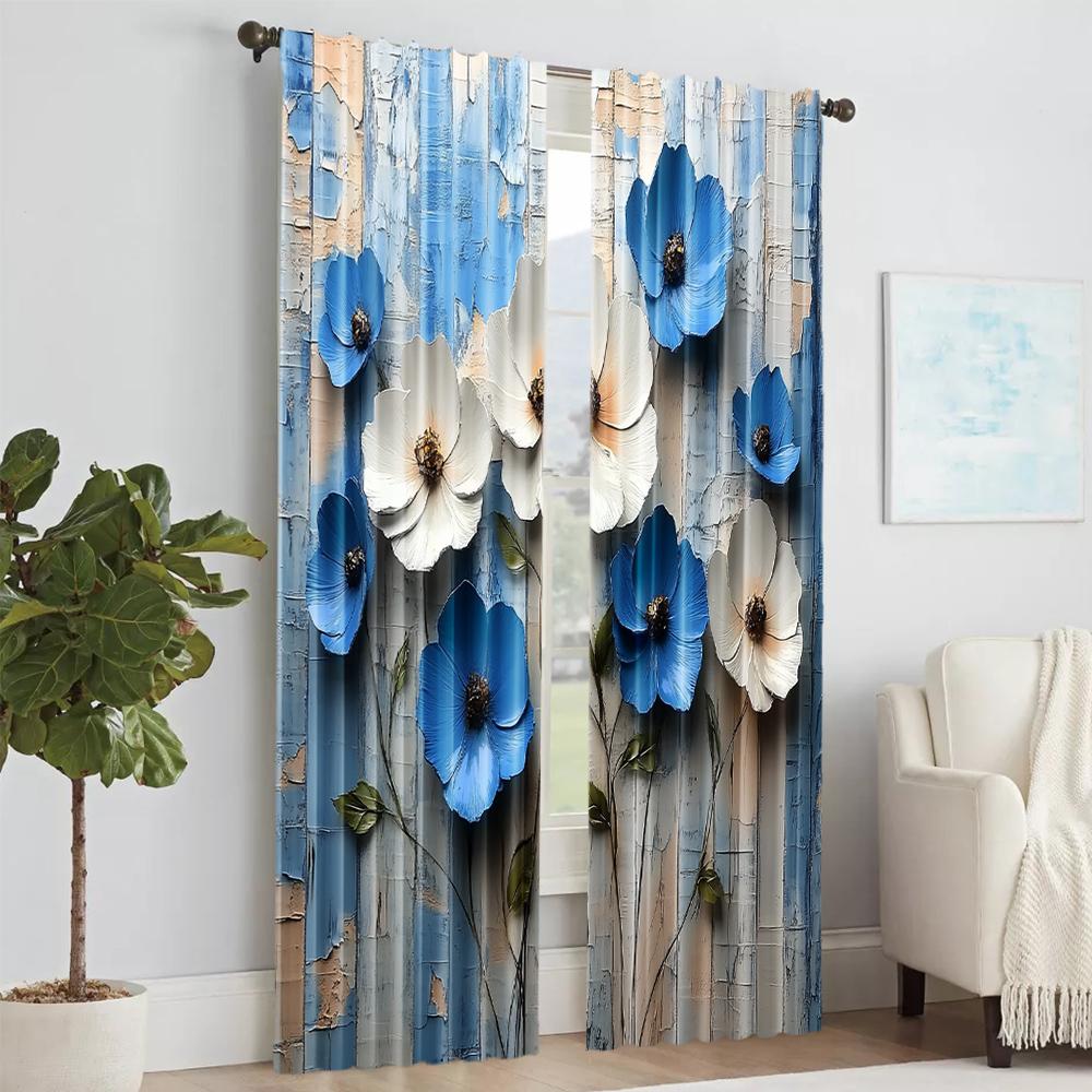 2 Stück, vielseitige transparente Polyestervorhänge zur Heimdekoration Pastoral Blau und Weiß Floral zur Verwendung in Schlafzimmern und