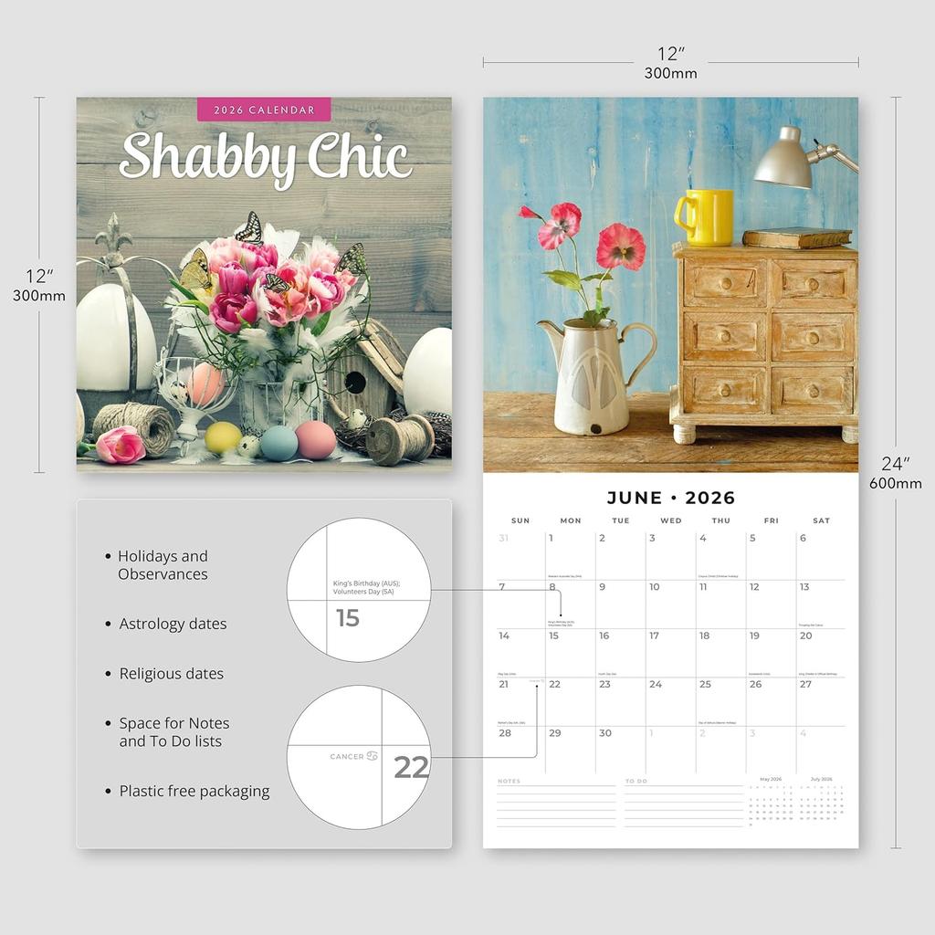 Red Robin 2026 Shabby Chic Monthly Wall Calendar | 12" x 24" Open | Premium Thick & Sturdy Paper | Hangable 12 Month Calendar | Lined Notes & To Do
