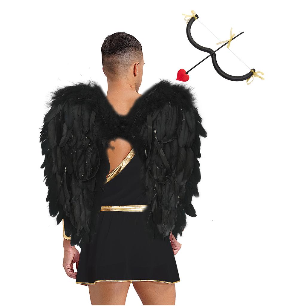 Mens Valentine Cupid Cosplay Costume Heart Shaped One Shoulder Romper Bodysuit Detachable Cuffs Feather Wings Set
