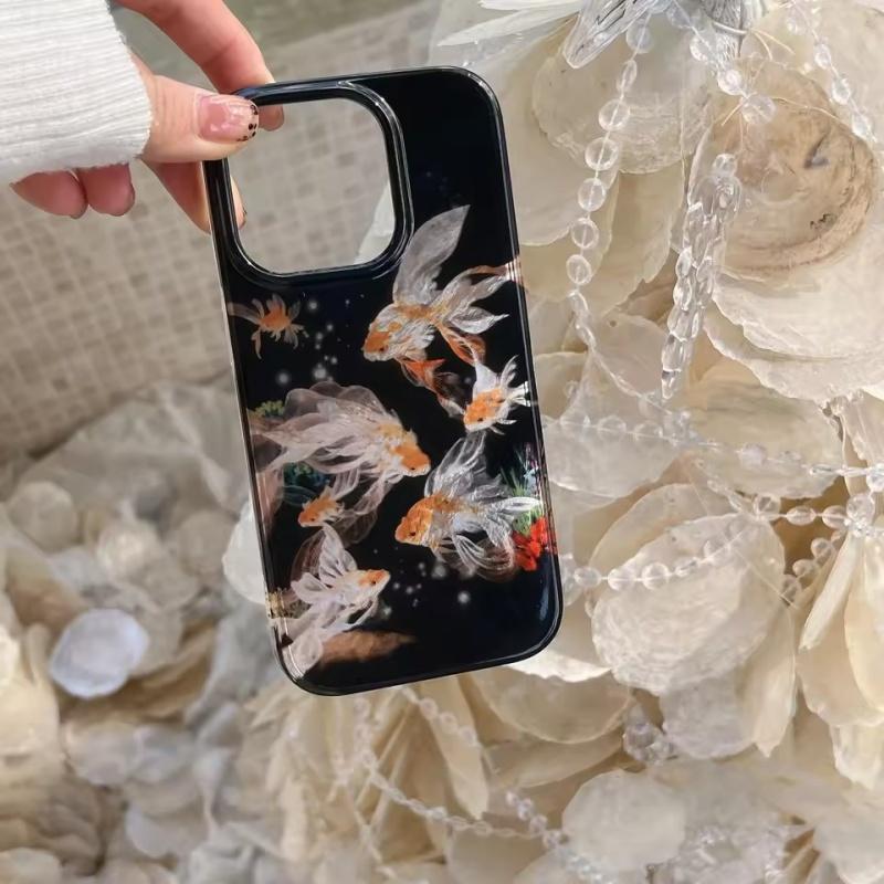 High-Quality Luckly Koi Goldfish Beautiful Sparkle Black Glossy Glacial Texture Cover Case for iPhone 12 13 14 15 16 17 Pro Max