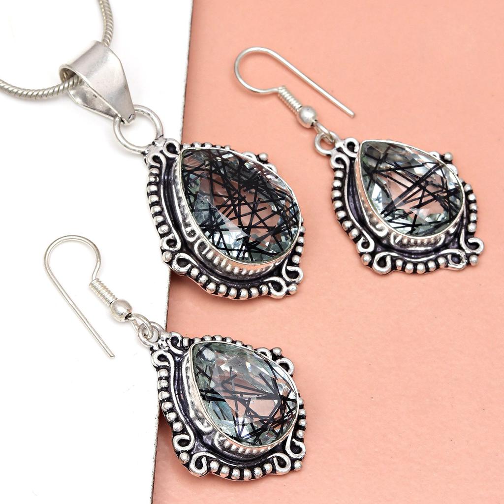 Black Rutile Set Pendant Jewelry Earring 18-20'' Gemstone Handmade