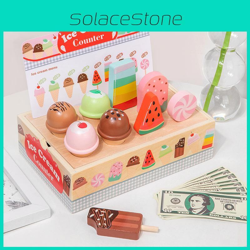 Wooden Simulation Ice Cream Vending Cabinet Model Children Toy Set For Kids Imaginative Pretend Play