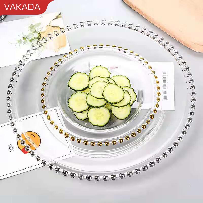 Plăci de servire din sticlă cu mărgele aurii VAKADA - Pachet de 2