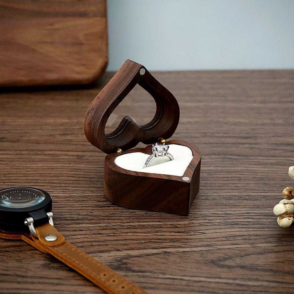 1PC Heart Shape Walnut Wooden Box Jewelry Box Display Box Engagement Wedding Couples Ring Storage Holder Gifts Case