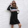 Damenbekleidung, Herbst Streetwear Patchwork Leopardenmuster Mittel- und Langform Locker Rundhals Pullover Pulloverkleid