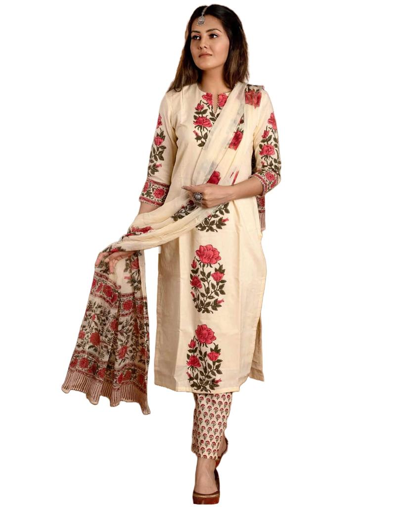 GoSriKi Women's Rayon Blend Straight Printed Kurta with Pant & Dupatta (Actual-Cream-GS_L_Cream_Large)