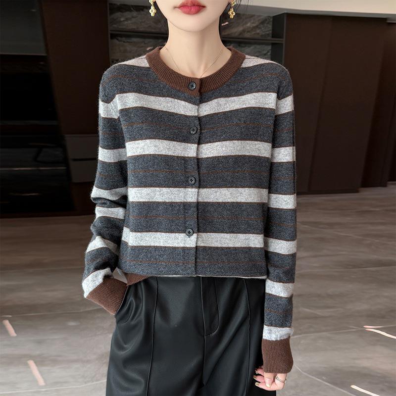 2026 Autumn/Winter Women's Pure Wool Color Block Stripe Loose Knit Cardigan Sweater
