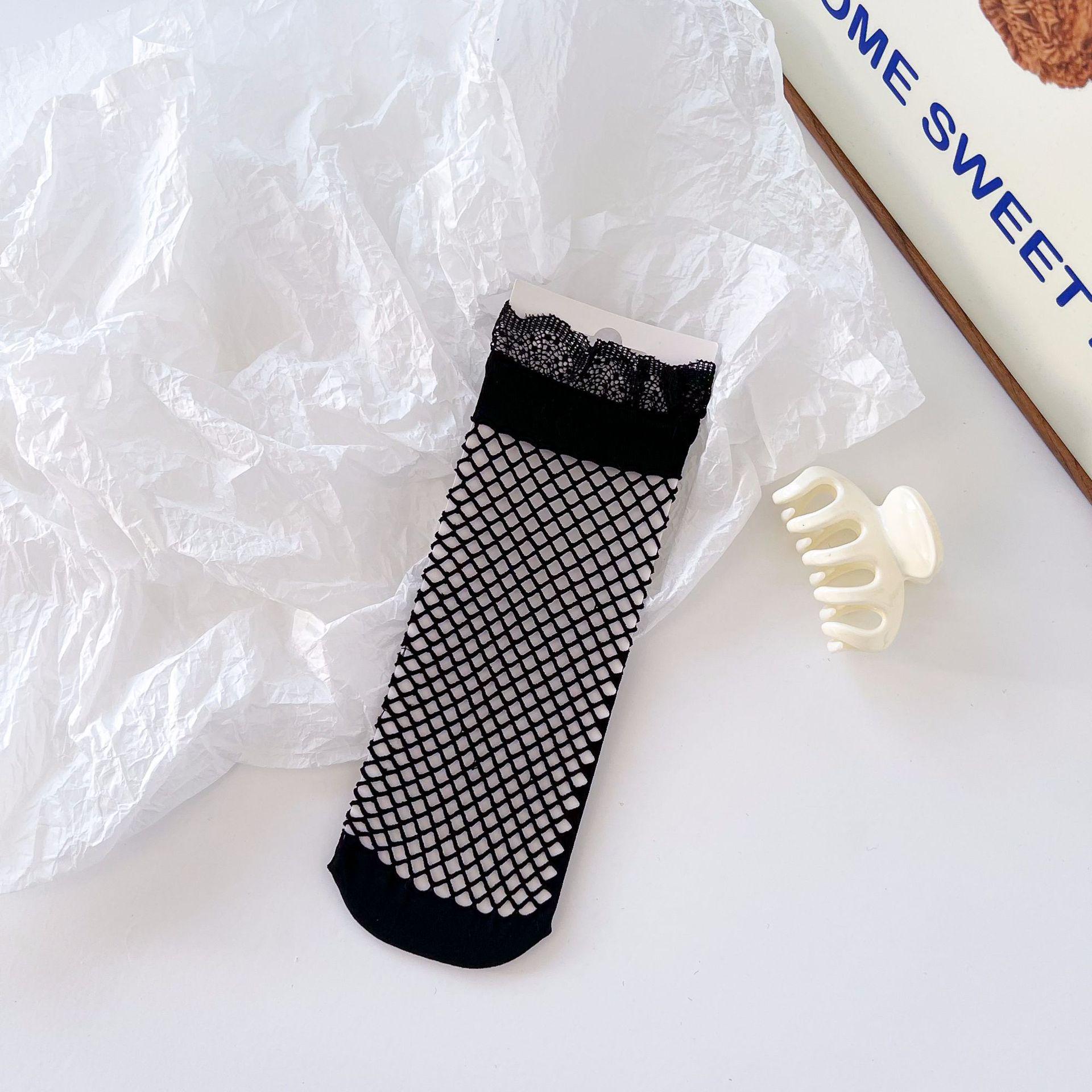 

Japanese Lolita Bowknot Fishnet Lace Ankle Socks, White or Black One Size