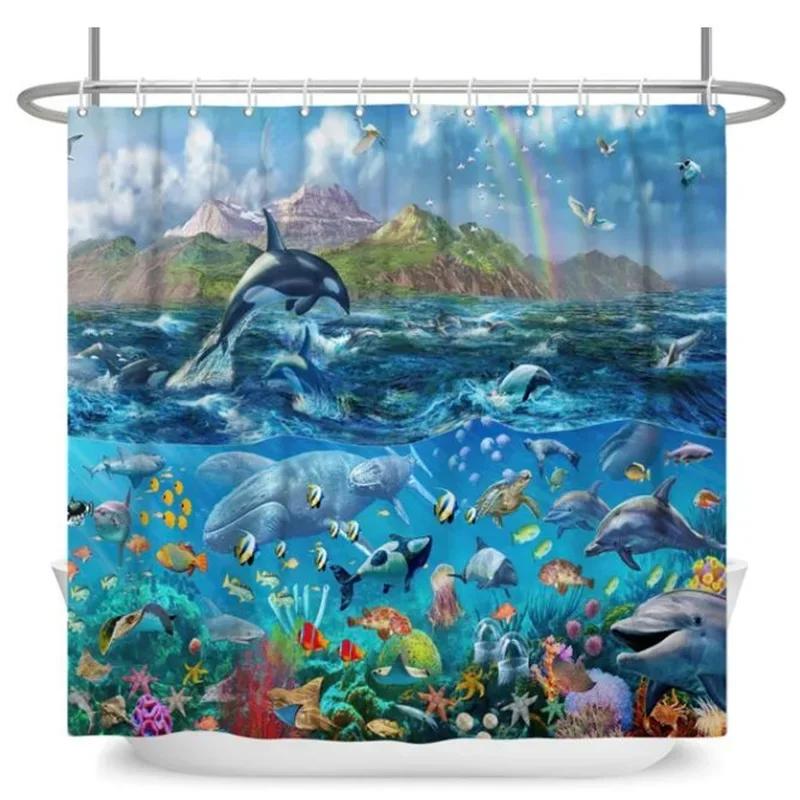 Underwater World Bathroom Shower Curtain Sea Turtle Dolphin Ocean Creature Landscape Bath Curtains Children Cloth Bathroom Decor