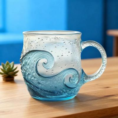 1/2 Stück Meeresglas Wellenbecher Glasbecher Wellendesign Ozeantextur Tasse Einzigartiger Kaffee Handglas Thema Geblasene Tasse Welle Welle Strand E3E7