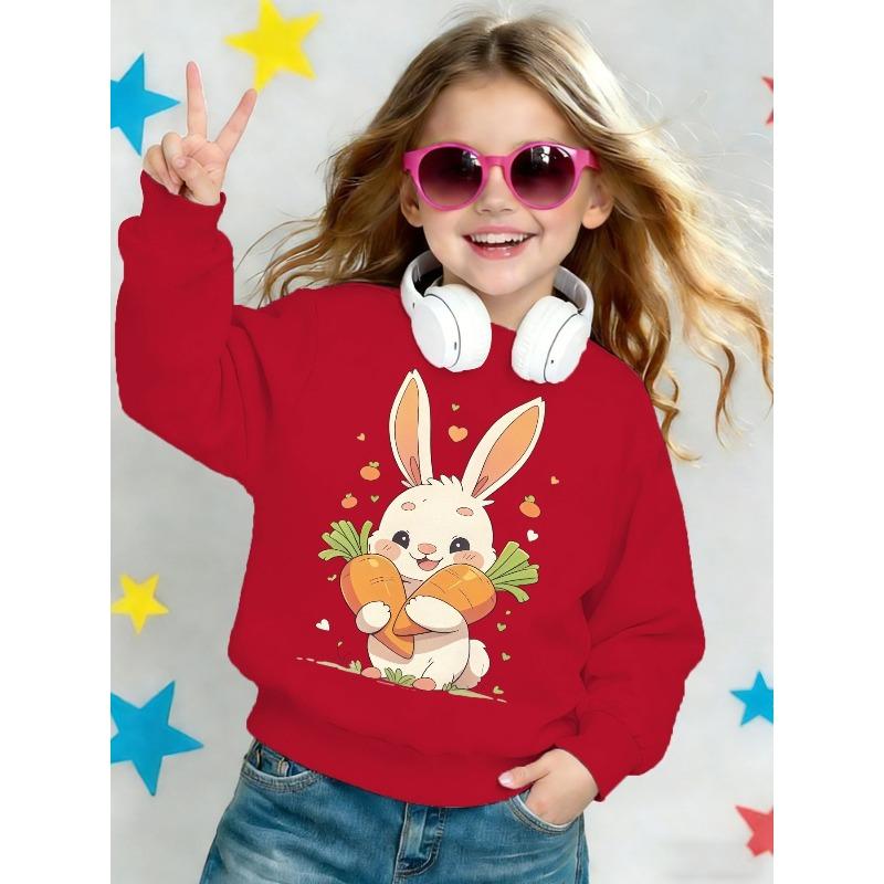 Kids Crewneck Sweatshirt, Cute White Rabbit Carrot Print Long Sleeve Casual Top for Spring Autumn