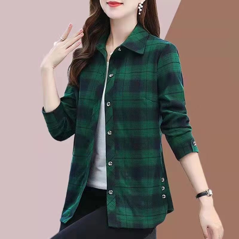 Spring Autumn Elegant Fashion Harajuku Plaid Tops Women Loose Casual All Match Lady Shirt Polo Button Long Sleeve Blusa