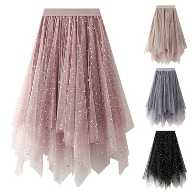 Women's A Line Skirt Fairy Elastic Waist Tulle Midi Skirt Mesh Starry Sky Irregular Brim Tutu Skirt Women Dancing Clothes