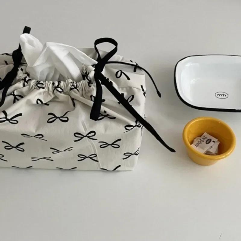 1pc Ribbon Drawstring Adjustable Tissue Bag Home Kitchen Fabric Tissue Box Fashionable Practical Home Decoration Essentials