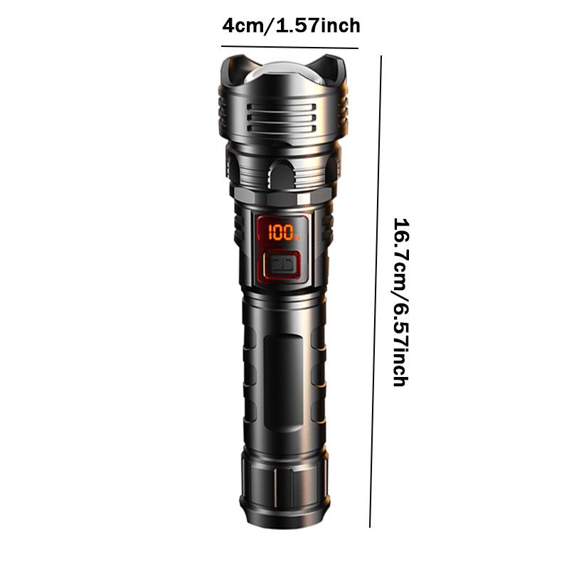 New Strong Light Digital Display Flashlight with Telescopic Focus, Rechargeable, Portable, Long Range Outdoor Work Light, LED Fl