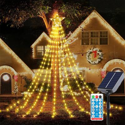 9X3M Outdoor Solar Christmas Tree Waterfall String Lights 288 LED Solar Tree Topper Star String Light Solar Waterfall Tree Light