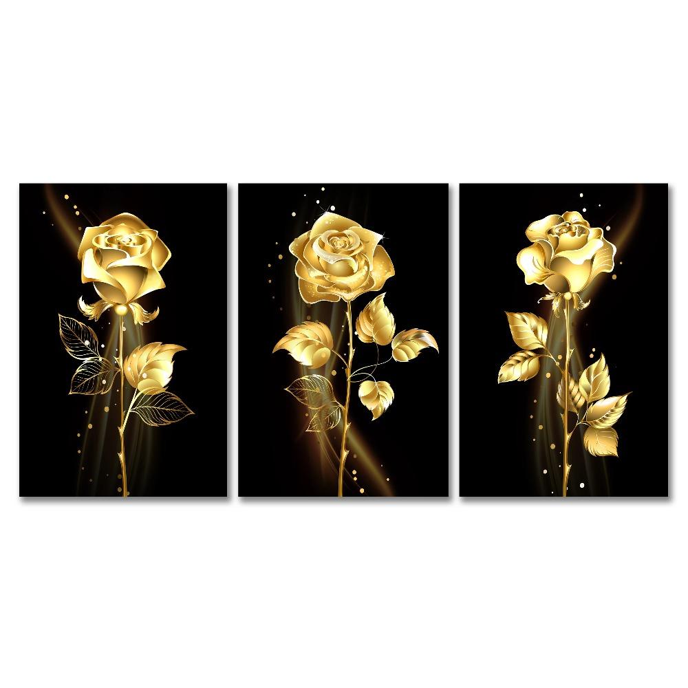 3 Stück Gold Rose Blume Schwarze Leinwandbilder Nordisch Modern Wohnzimmer Wandkunst Dekorative Bilder Wandkunst Poster Drucke