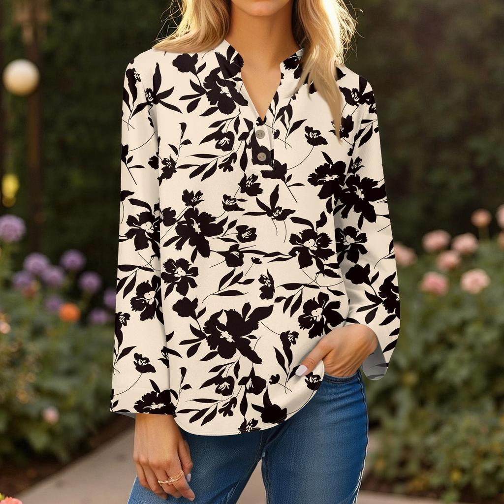 Camisa de Moda y Casual para Mujer Manga Larga Cuello en V Botones Estampada Blusa Top
