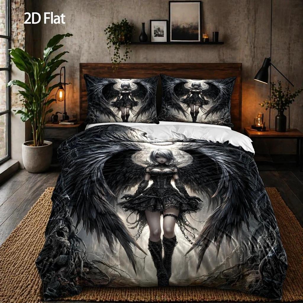 3-Piece Duvet Cover Set Black Dark Angel Gothic Halloween Bedding Set with Invisible Zipper Machine Washable for Bedroom
