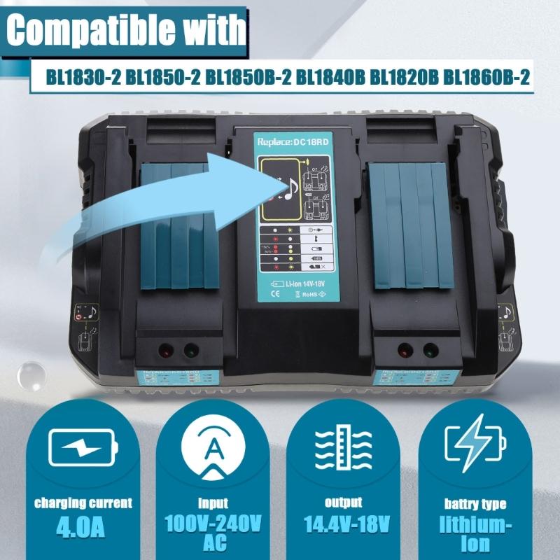 Dual Battery Charger 4A for 14.4V 18V BL1860 BL1840 BL1850 BL1845 DC18RA BL1415 BL1430 BL1830 DC18RC DC18RD