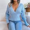 Women Autumn Winter High Waist Solid Color Pullover Sweater V Neck Hollow Bat Sleeve