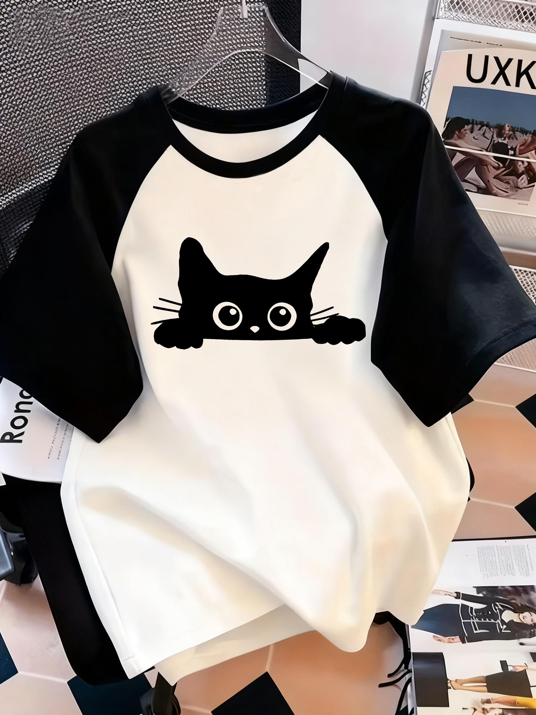 

Retro black cat letter printed round neck T-shirt casual short sleeved top for spring and summer women s wear XXS