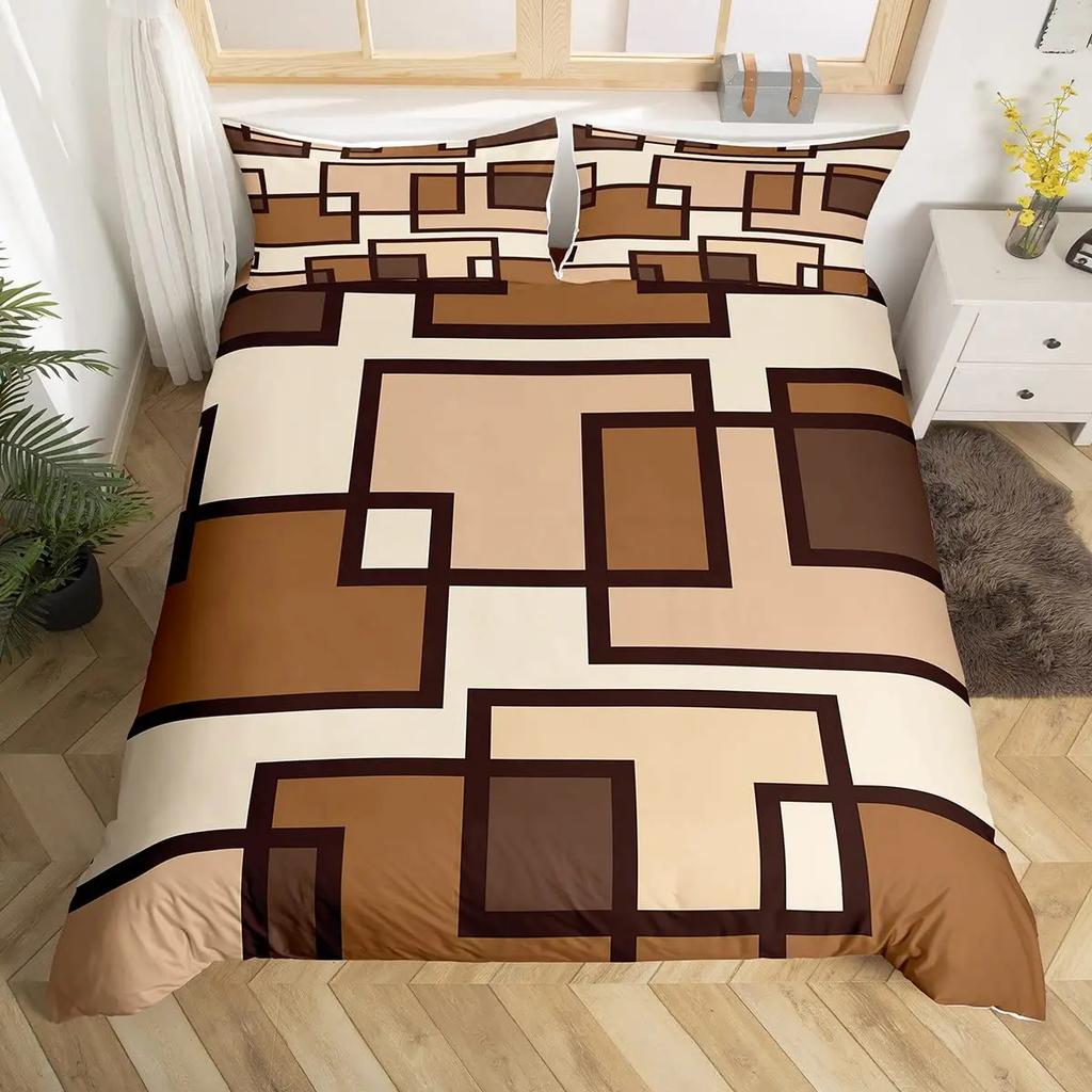 Geometric Squares Duvet Cover Set Red Beige Circle Bedding SetModern Simple Style Comforter CoverAbstract Art Quilt Cover King