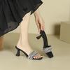333-7 French Stunning Square Head Thin Heel High Heel Slippers Female Summer Wear Fairy Wind Word Rhinestone Leather Slippers