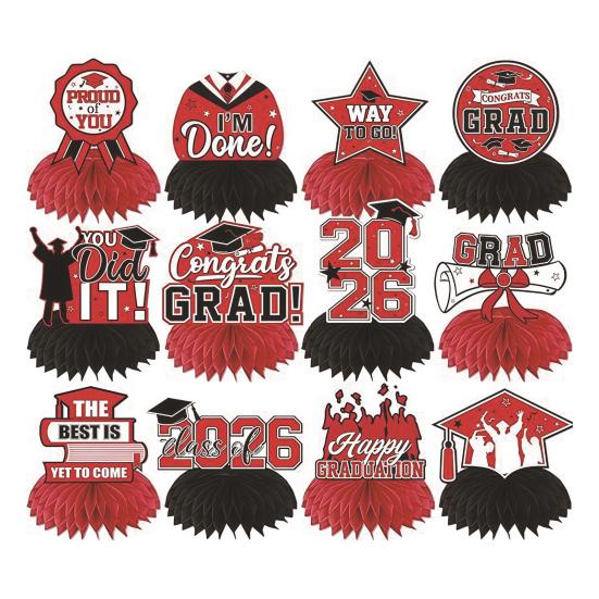 12Pcs 2026 Graduation Honeycomb Decor 3D Honeycomb Centerpieces for Commencement Party Red & Black Theme Bachelor Cap Party Decor for Table Decor &
