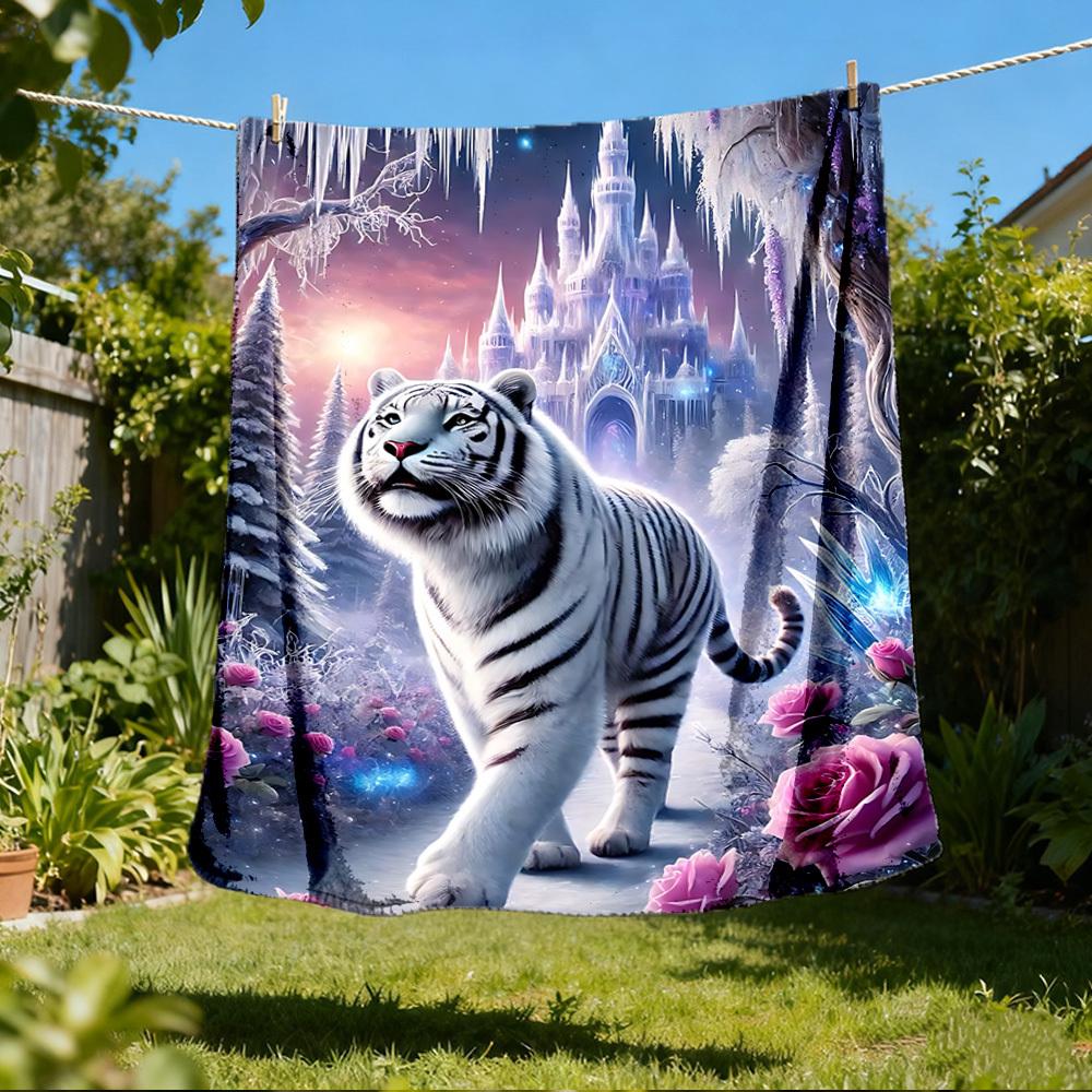 1 Stück Tiger Fantasy Rosen Kuscheldecke Polyesterfaser, Leichter Flanell, Weich & Warm, Ganzjahresnutzung für Draußen, Camping Digitaldruck