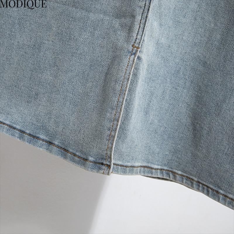 MODIQUE 2025 Neu Übergröße Sommer Damen Lässig A-Linie Hohe Taille Hüftumspielend Blau Denim Auswaschung Rock Damen Locker Basic MIDI Kleid