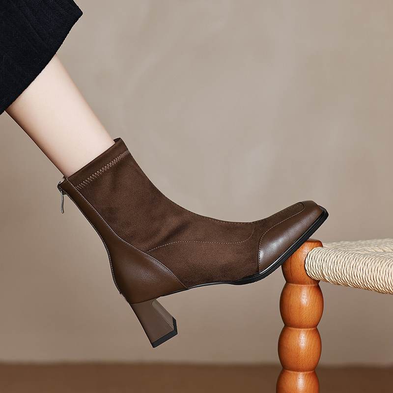 

Krazing Pot Flock Autumn Winter Shoes Thick High Heels Big Size 40 Modern Boots Square Toe Keep Warm Zip Ankle Boots 39 коричневый