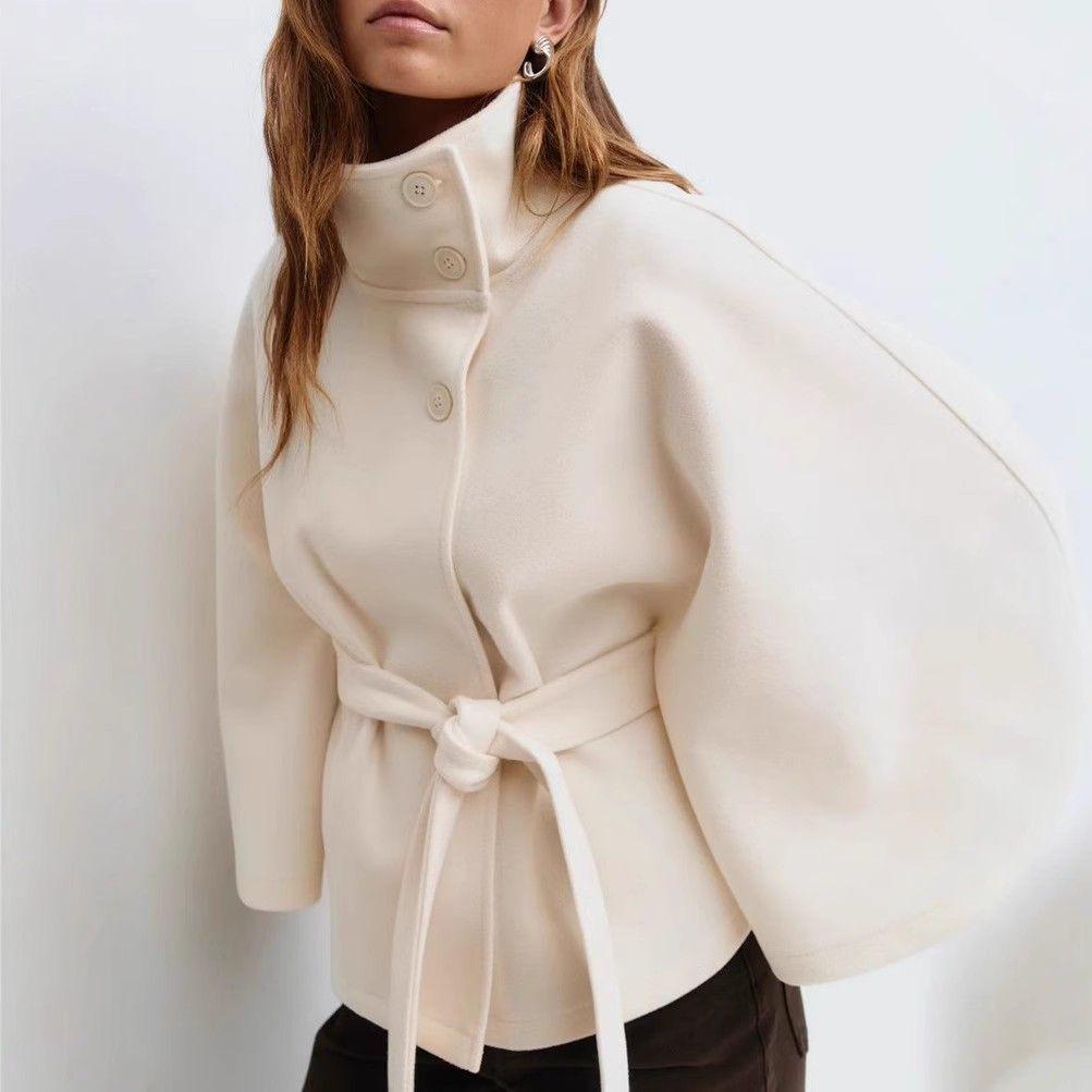 

European-American Women s Autumn/Winter Wool Trench Coat: Solid Color Cape with Stand Collar, Button, and Belt (2026). S грязно-белый