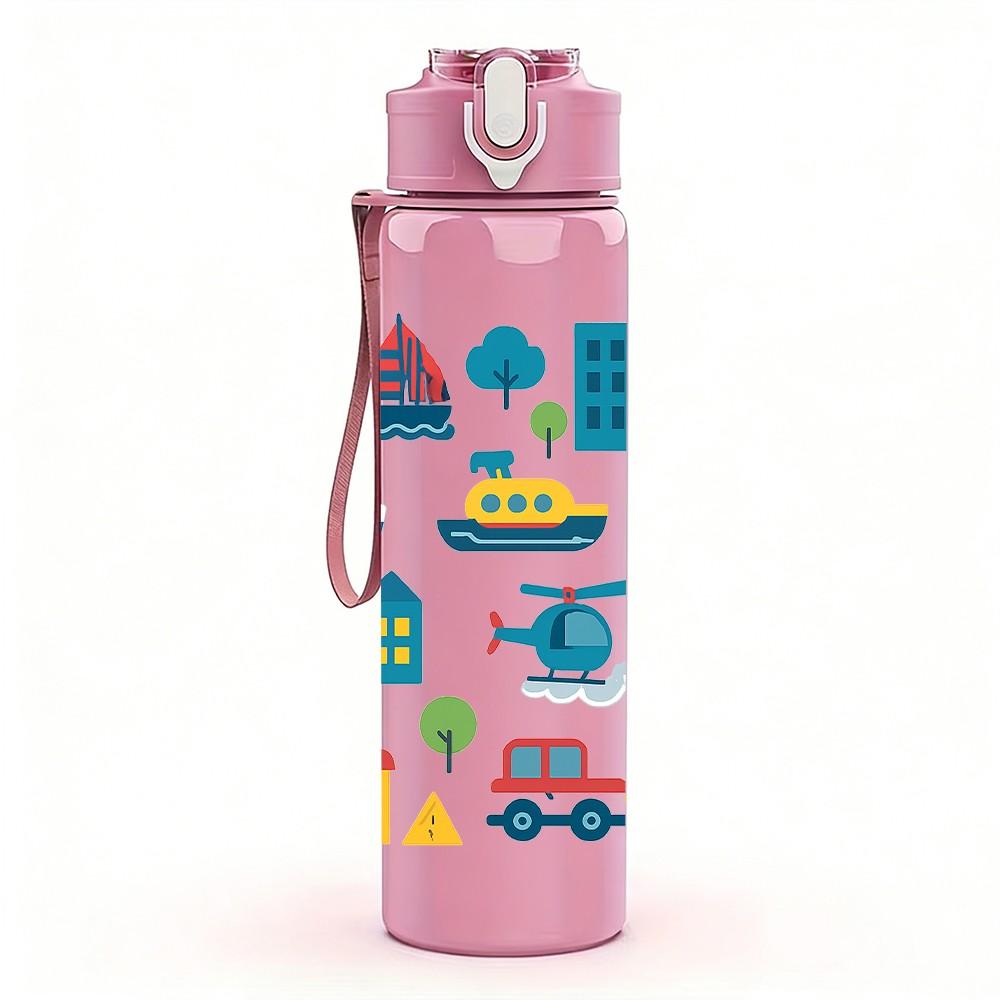 1PC Sailboat City Building Pattern 750ml Color Plastic Sports Water Bottle Leakproof Flip Straw Lid Suitable for Sports Office Home Use