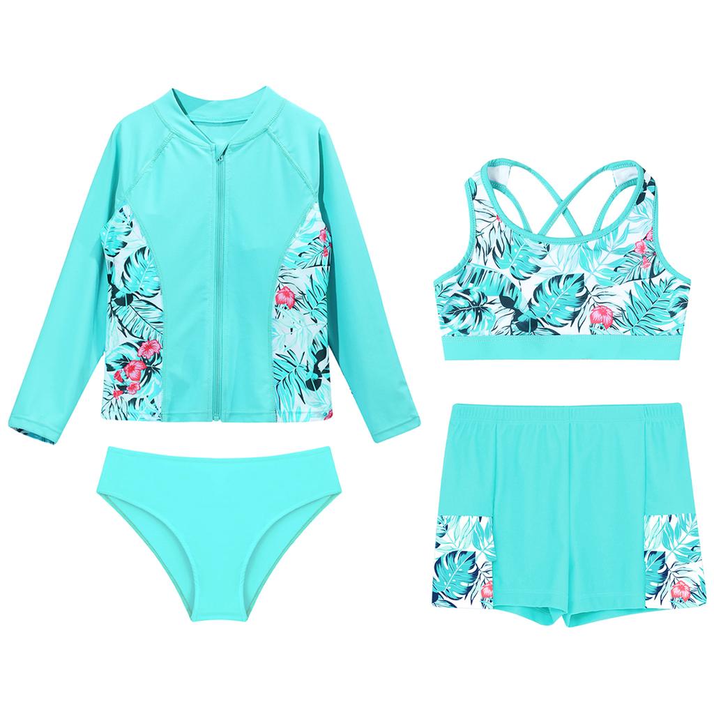Zestaw Kąpielowy dla Dziewcząt 4-częściowy Top z Długim Rękawem na Zamek, Tank Top, Dół Kąpielowy, Szorty z Falbankami, Ochrona przed Słońcem