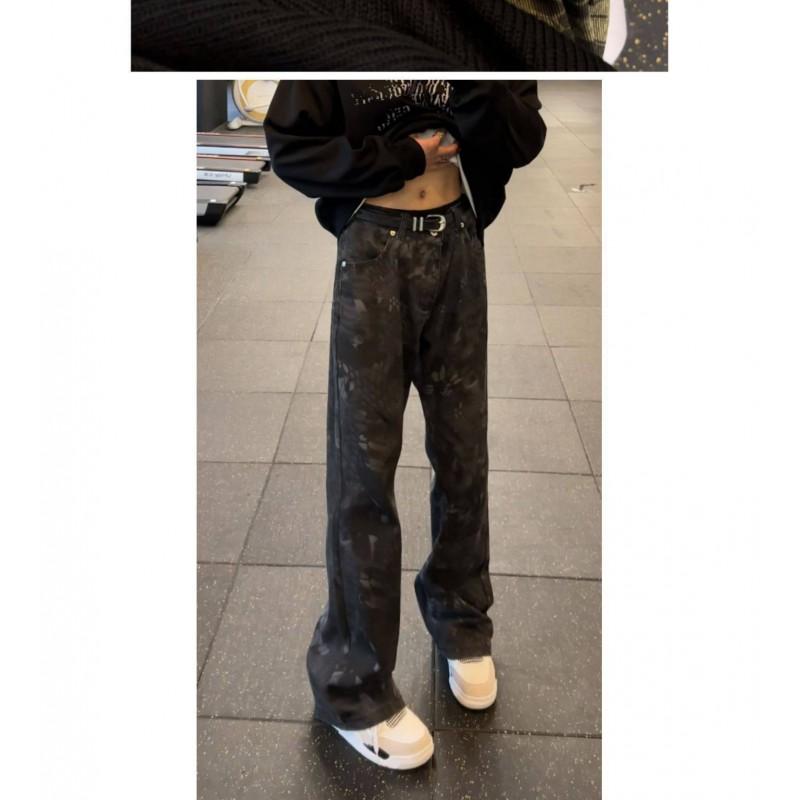 Mens Vintage Camo Flared Jeans Slim Fit Cargo Pants Casual Denim Trousers
