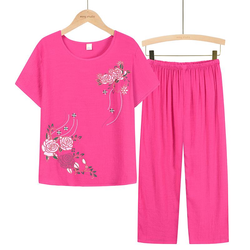 Summer Two-Piece Set: Short-Sleeved T-Shirt and Pajama Pants for Middle-Aged and Elderly Women
