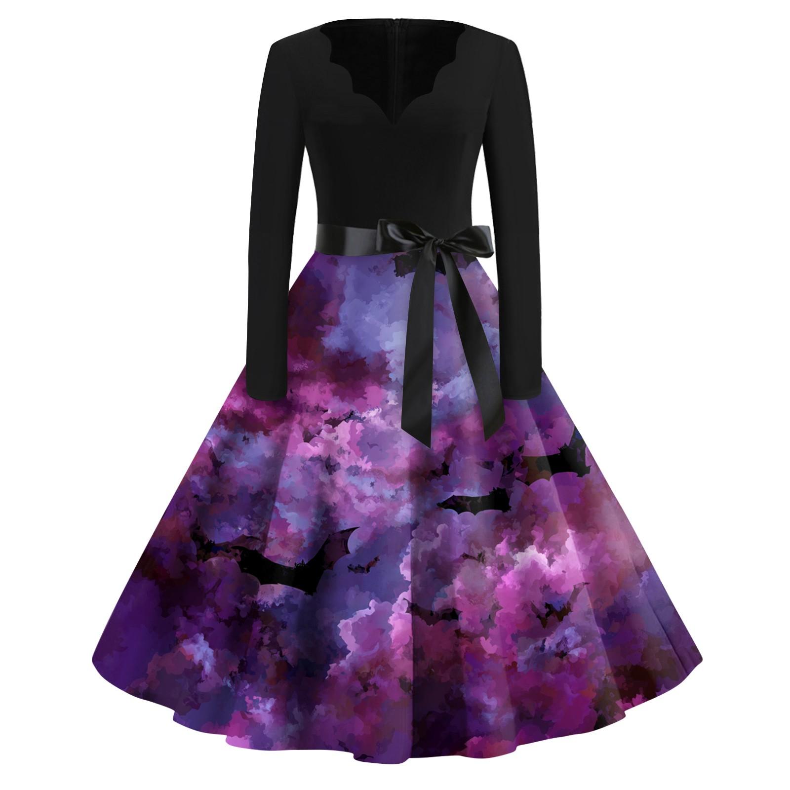 

Женское повседневное модное винтажное платье с принтом в виде V-образного выреза на Хэллоуин XXXL фиолетовый