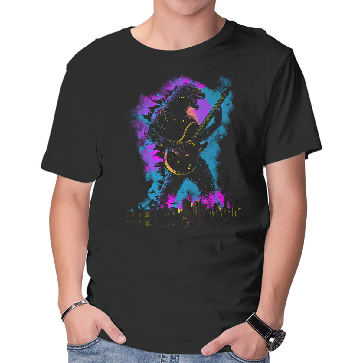 Unisex Crew Neck T-Shirt Rock Zilla Graphic Short Sleeve Casual Tee S