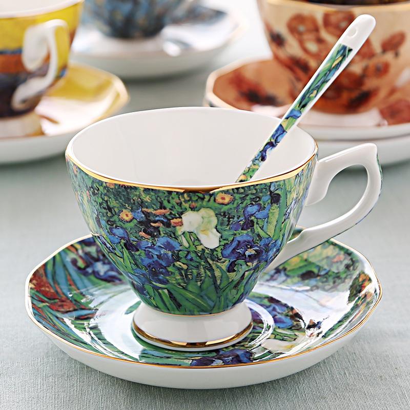 Van Gogh Sanat Tablosu Kahve Kupaları Fincan Tabağı Kaşık Yıldızlı Gece Ayçiçeği Ekimci Süsenler Saint-Rémy Kahve Çay Fincanları Takım