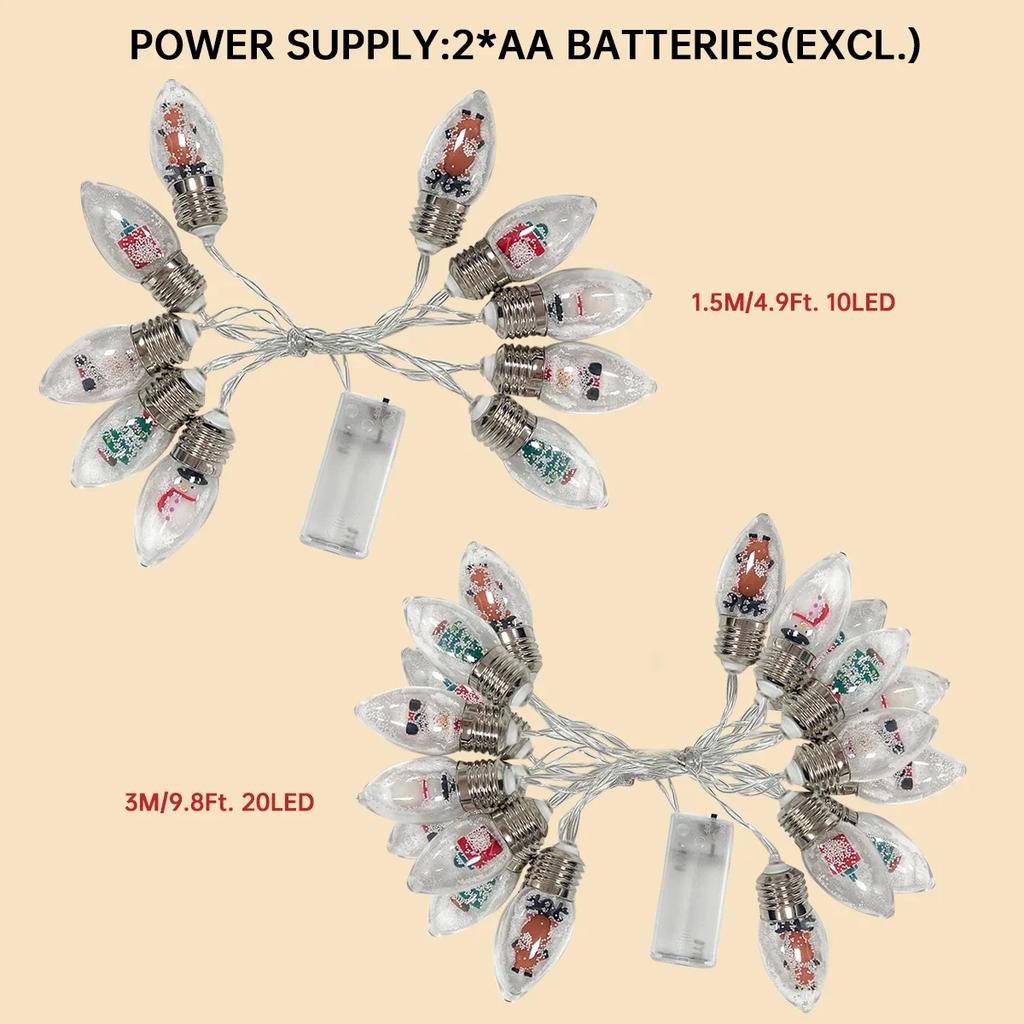 1pc10/20 LED Snowball Clear Bulb String Lights Christmas with Christmas Santa Claus Snowman Tree Gifts Mix Battery Powered Light