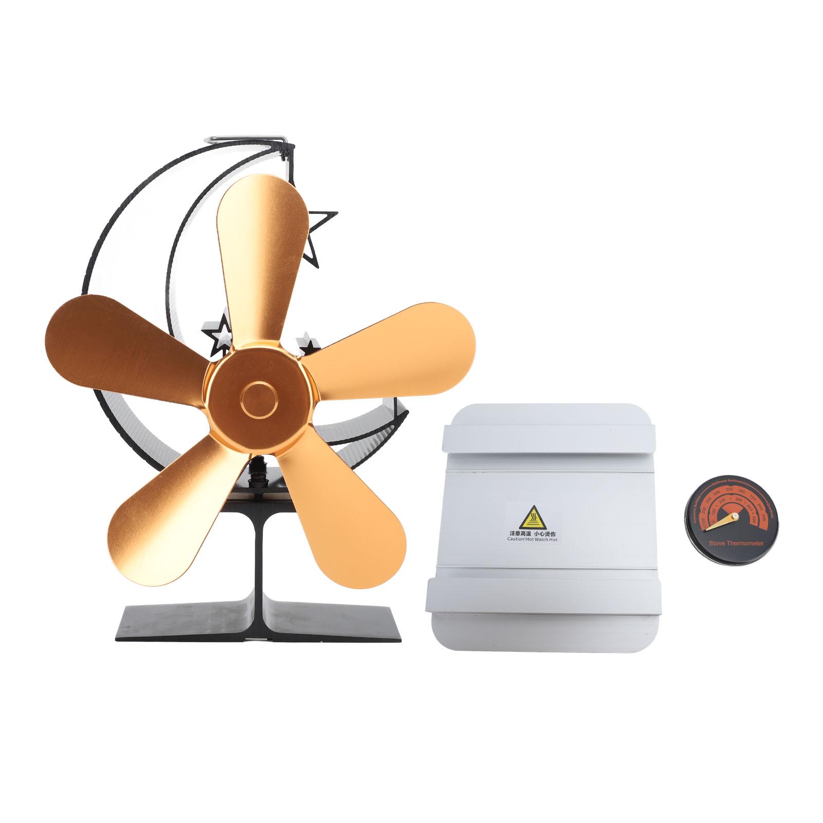 

Вентилятор для дровяной печи, работающий от тепла, 5 лопастей, вентилятор для камина с теплоизоляционной панелью, термометр для дерева золотой