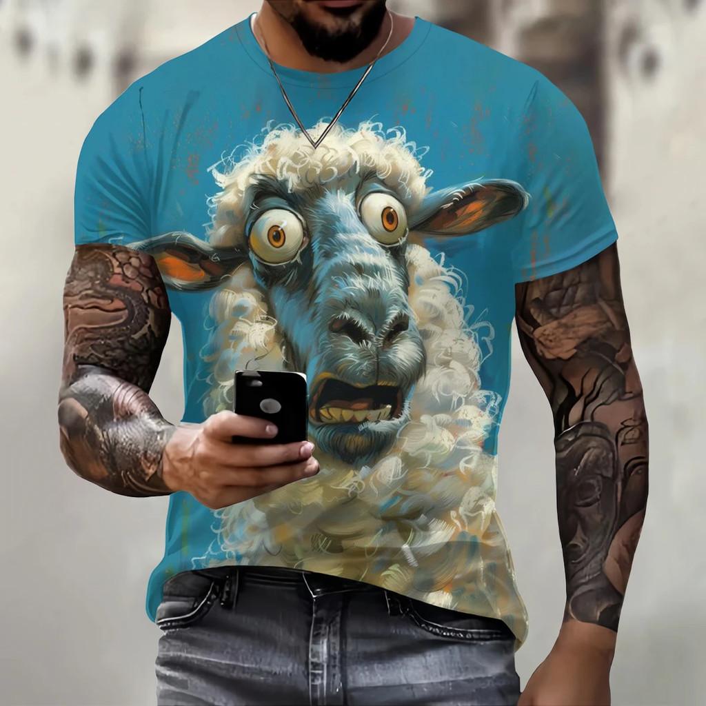 Trendy hip-hop clothing, fun 3D sheep print men's street casual O-neck short sleeved T-shirt, fashionable and loose summer top