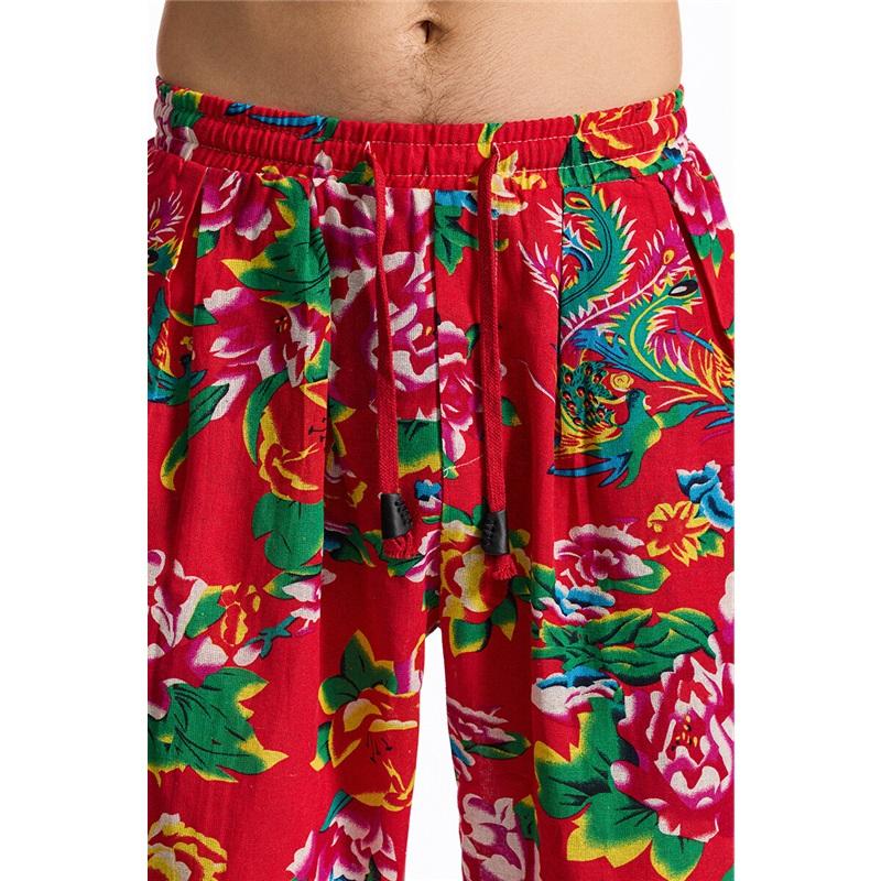 Erkek Günlük İpli Boho Etnik Baskılı Pantolon Açık Hava Aktiviteleri Eşofman Yaz Pamuk Keten Koşu Jogger Eşofman Altı