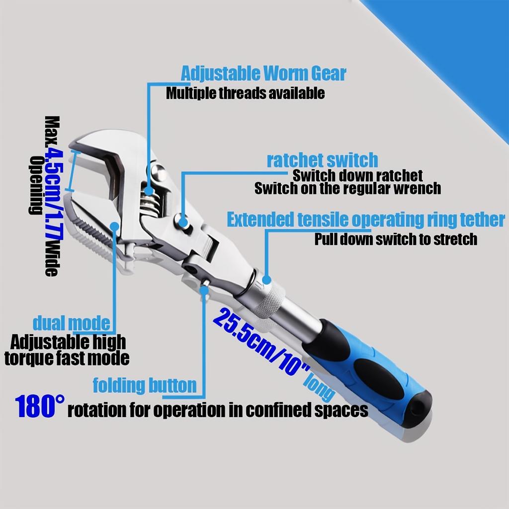 10 To 12 Inch Adjustable Ratchet Curved Wrench, Extendable Rod With 180° Rotatable Head For Motorcycle Garage Household Repair Tool