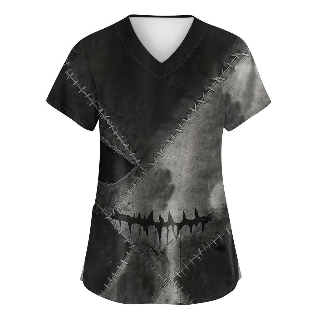 Women's Fashion Short Sleeve Halloween Print V-Neck Pocket Workwear Tops