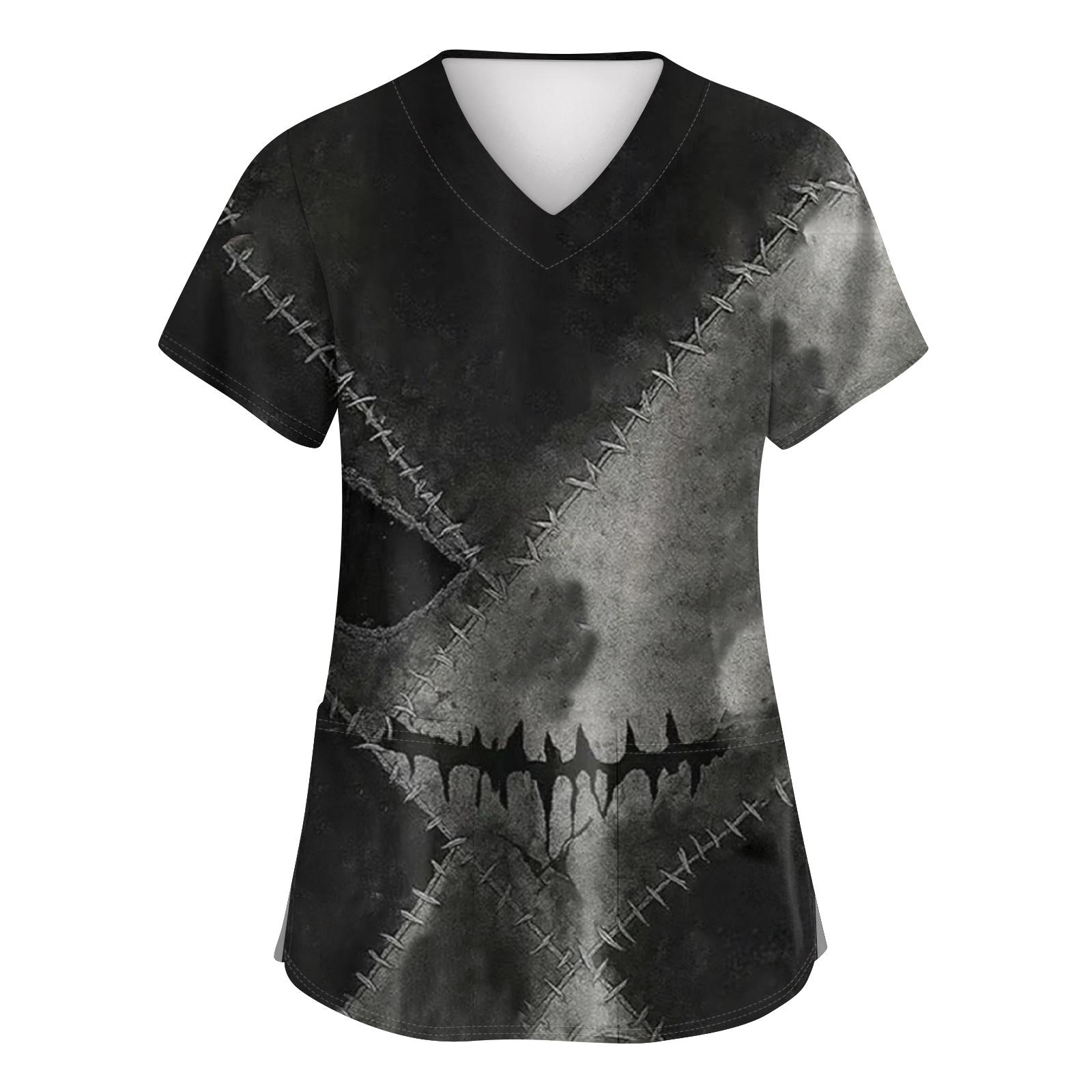 

Женские модные топы с коротким рукавом, принтом на Хэллоуин, V-образным вырезом, карманом, рабочая одежда XXXXXL