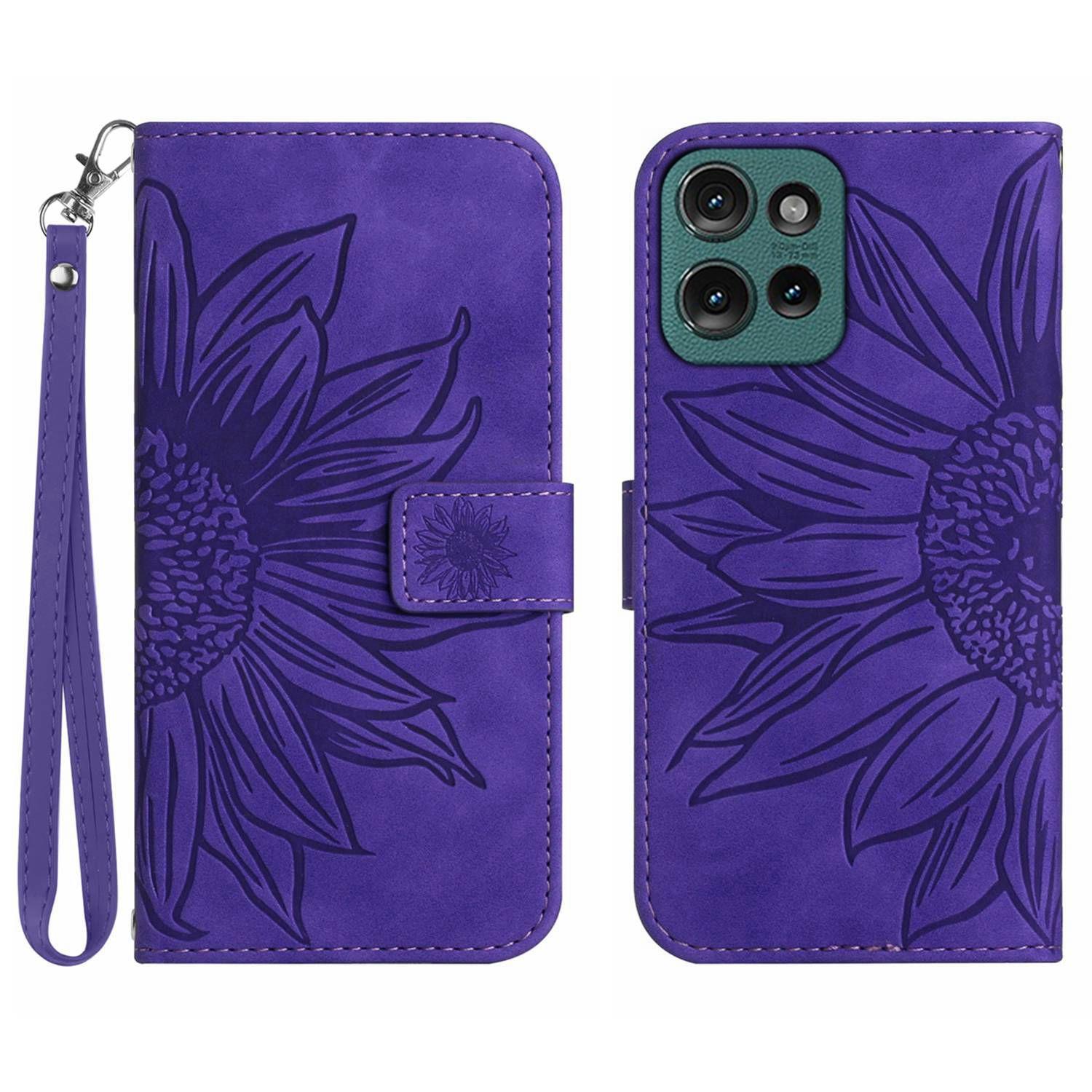 

HT04 For Motorola Edge 50 Neo 5G/Moto S50 5G/Thinkphone 25 5G Case Sunflower Imprint Leather Wallet Phone Cover with Wrist Strap Dark Purple