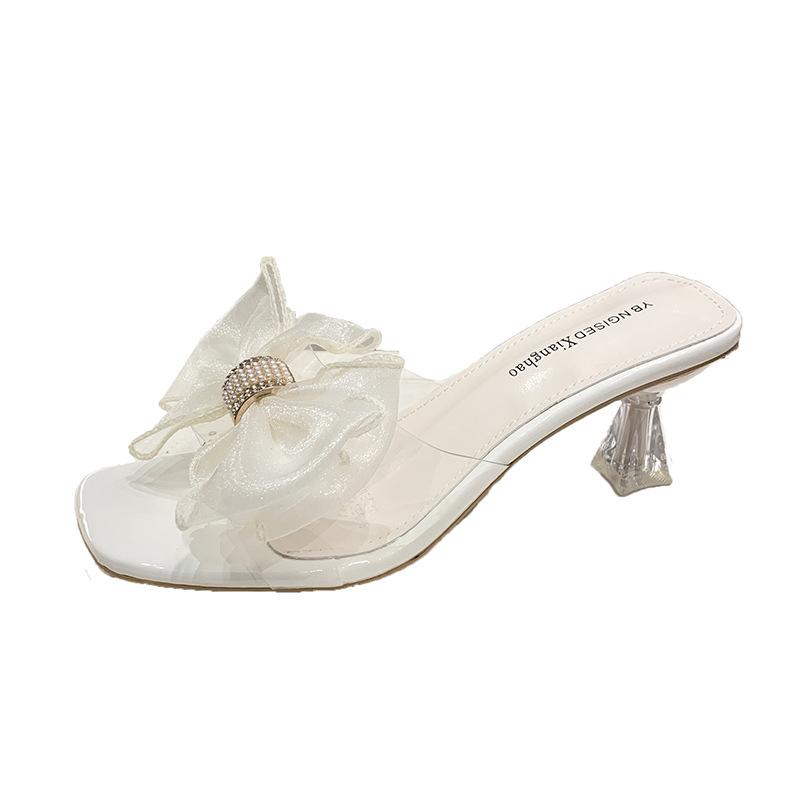2025 New Slippers Female Transparent Bow Summer New Sexy Fairy Style High Heels Sandals Stiletto Heel Spot